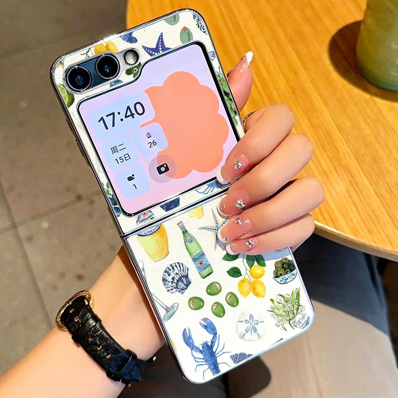 Summer Ocean Themed Phone Case For Samsung Galaxy Z FlIP 7 FE 6 5 Z Flip7 Flip6 Flip5 Luxury Plating PC+PU Leather Hybrid Folding Phone Cover