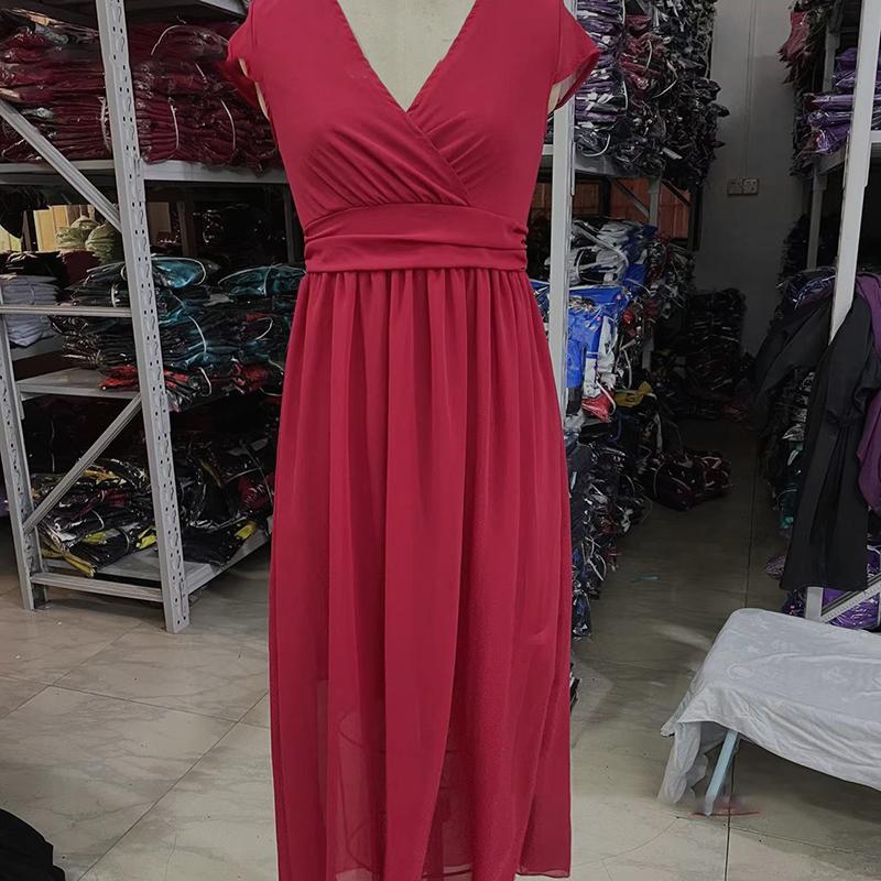 Women's Fashion V Neck Short Sleeve Evening Party Dress Solid Long Cocktail High Waist Summer Dresses