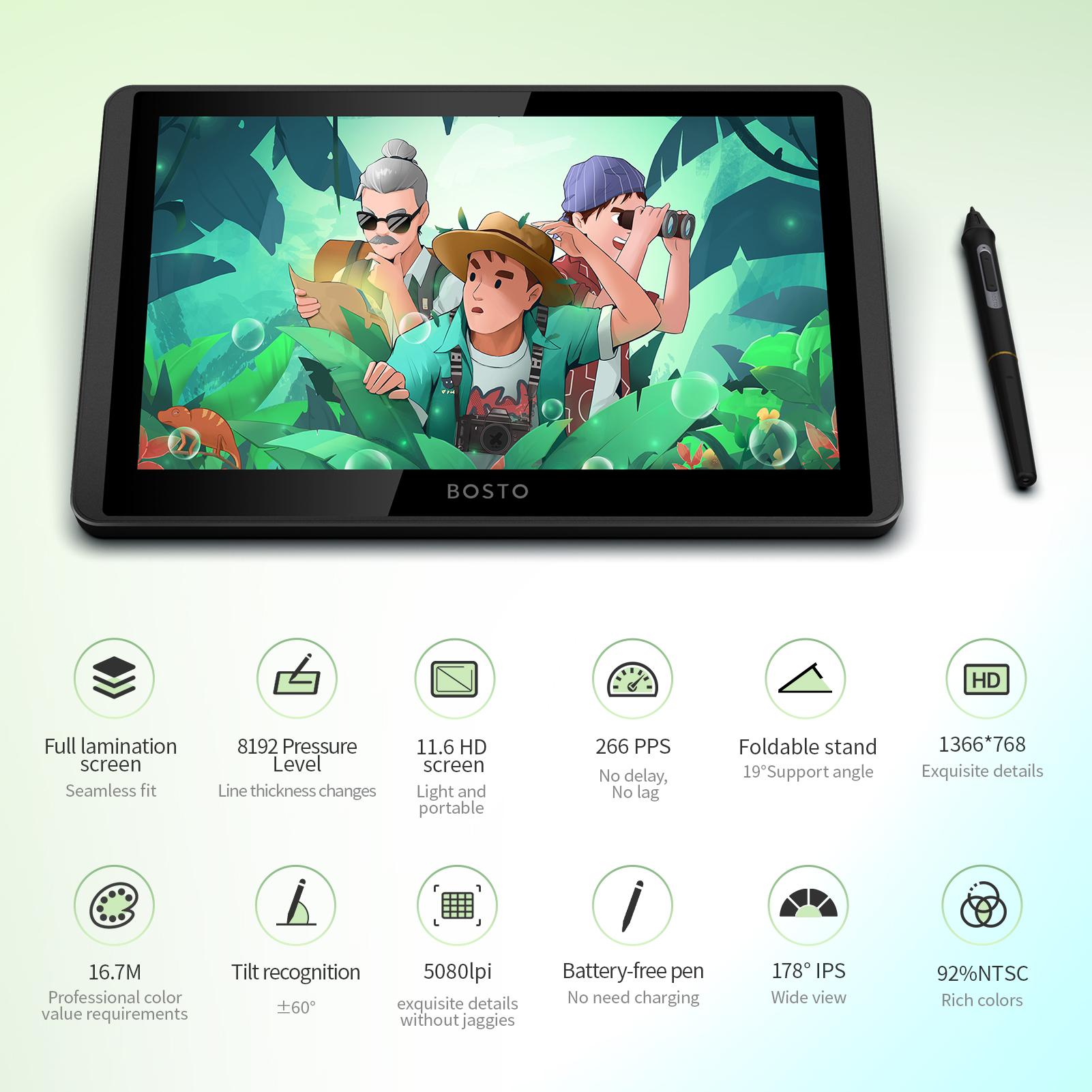 

BOSTO 12HD-A H- LCD Graphics Drawing Tablet Monitor 11.6 Inch 1366x768 Display 8192 Pressure Tilt Function for OS Users USB-Powered Low C