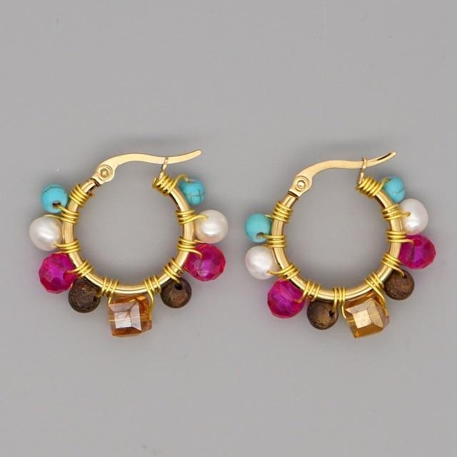 Crystal Earring For Women Boho Jewelry Trendy Natural Stone Pearl Jewellery Bohemian Ear Ring Gold Circle Hoop Earrings