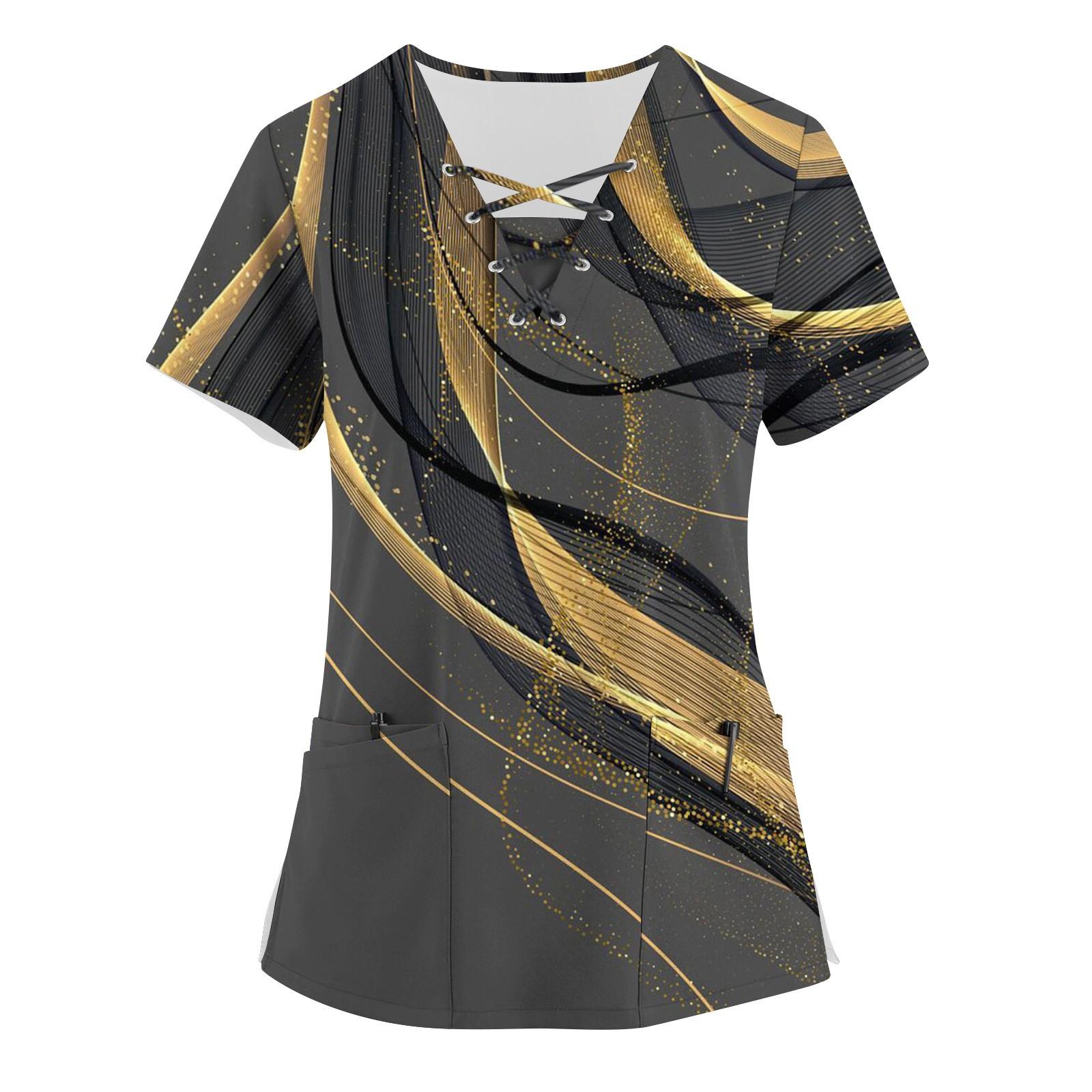 

Рабочая форма больших размеров с принтом, топы для женщин, забавные футболки с короткими рукавами и v-образным вырезом с перекрестным принтом, рабочая одежда, футболка с карманами XXXL золотой