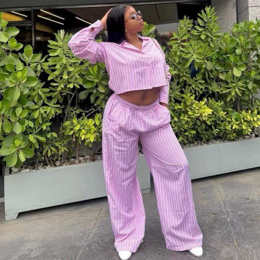African long-sleeved lapel striped suit European and American new women's clothing shirt high-waisted casual trousers fashion two-year set women