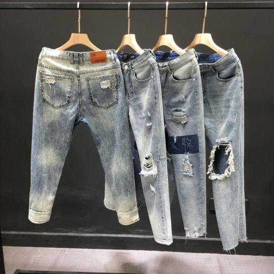 Holes Jeans Slim-fitting Cropped Zipper Closure Small-footed Mid Waist Daily Wear Breathable