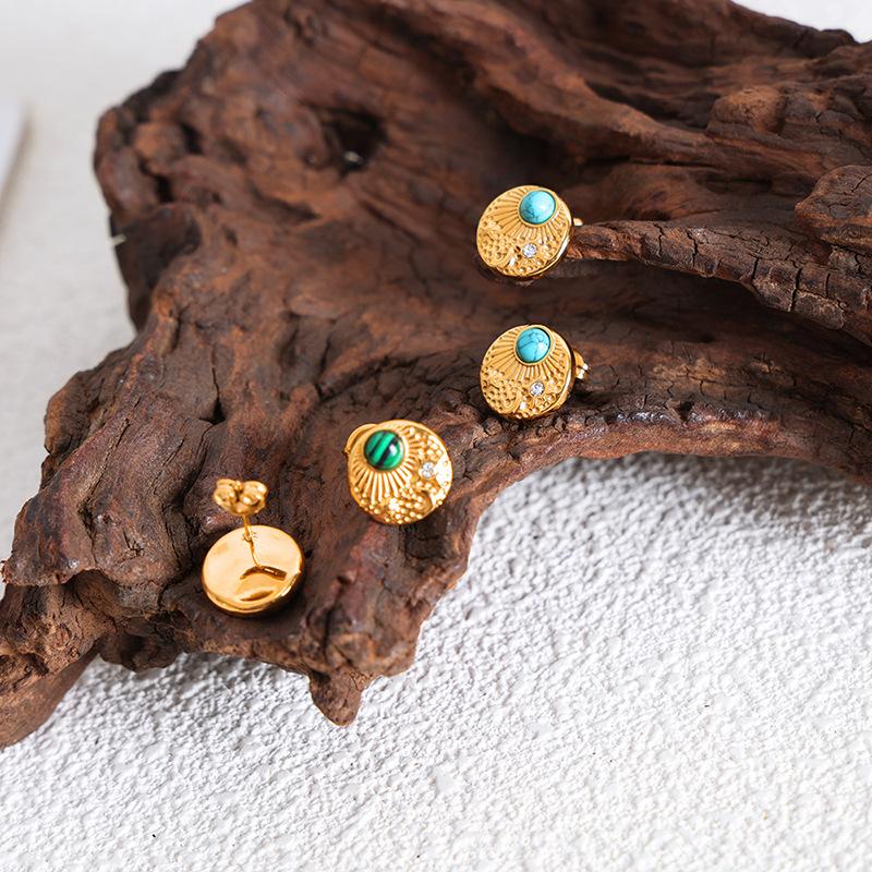 French Earrings Personalized Turquoise Inlaid Zircon Earrings Geometric Temperament Niche Hong Kong Style Girls Jewelry