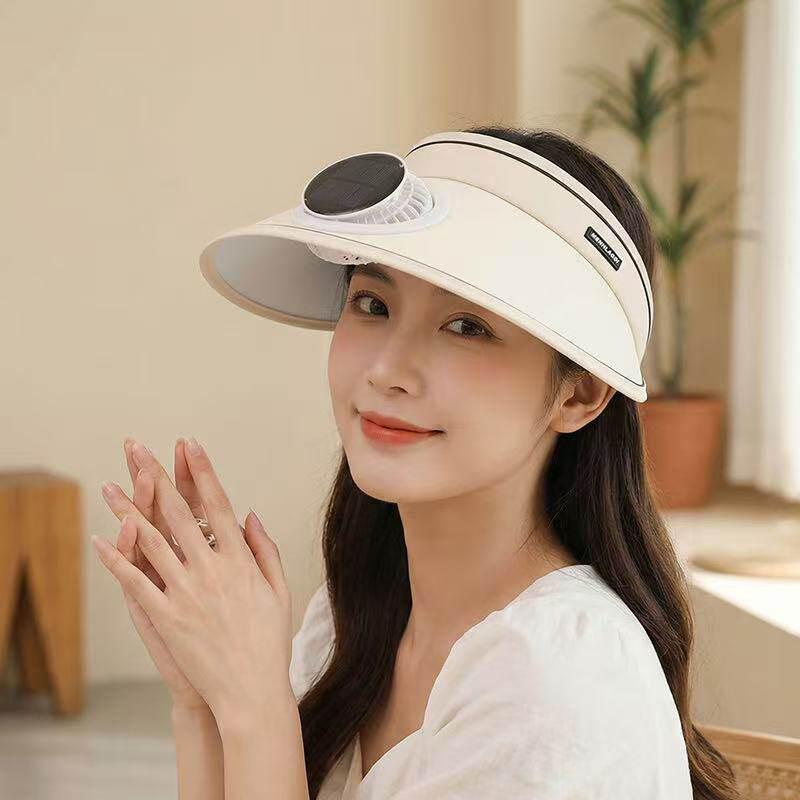 Wide Brim Sun Hat With Fan Breathable Solar Powered Fan Outdoor Visor Hat Empty Top Sunshade Beach Sunshade Hat Women