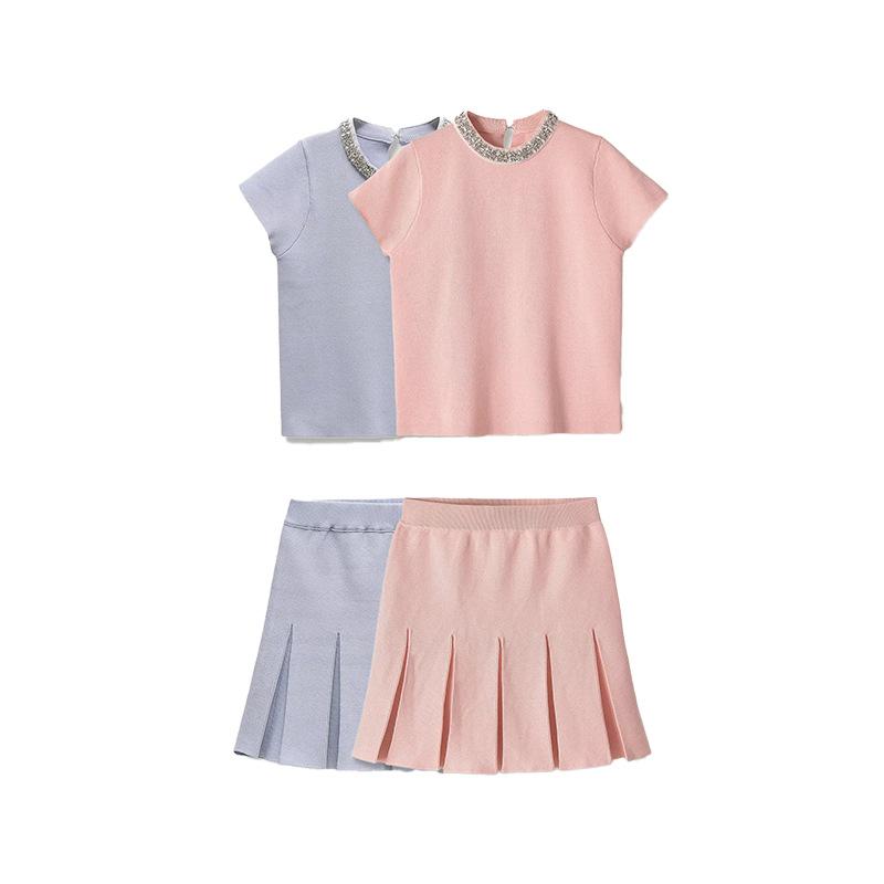 European and American style French women's clothing fashion jewelry decorative knitted top + wide pleated knitted mini skirt