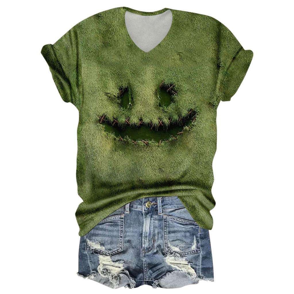 Women's Fashion Casual Three-quarter Sleeve Halloween Letters,  Face Print Top