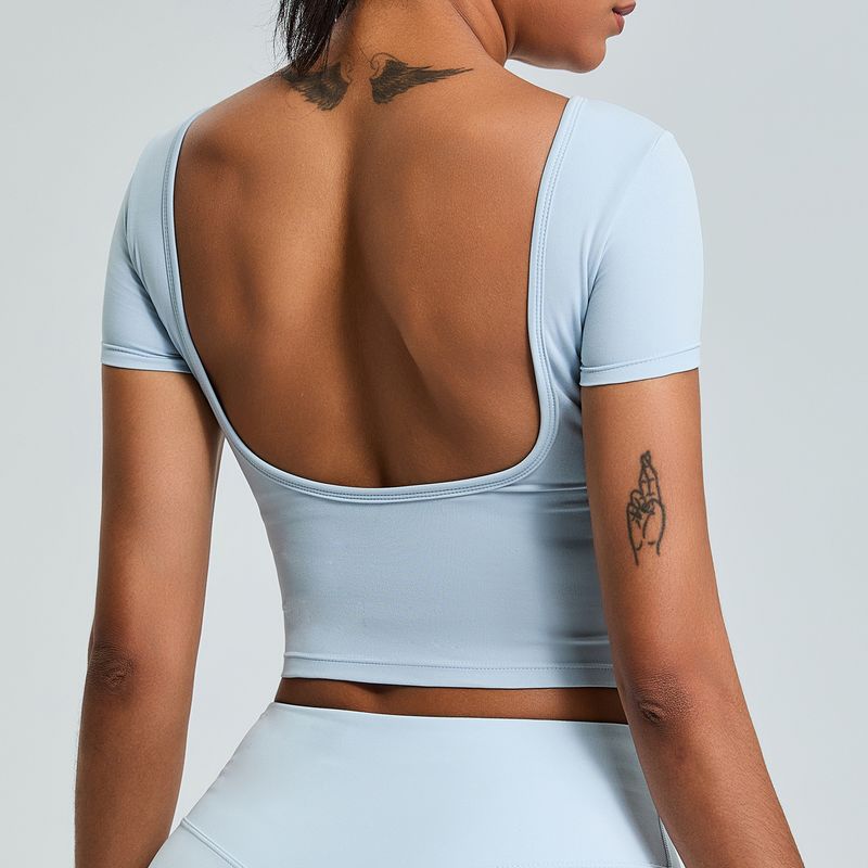 European and American Sexy Gyaru Short Sports T-shirt Women Fitness Short sleeve Large Backless Breathable Tight Yoga Clothes With Chest Pad