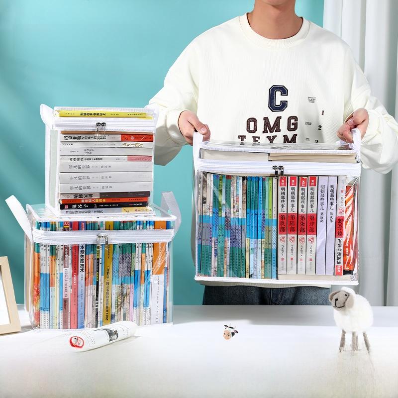 Foldable Book Box Student Textbook Organizer Bag Large Capacity Transparent Storage Box Portable Zipper Waterproof Sundries