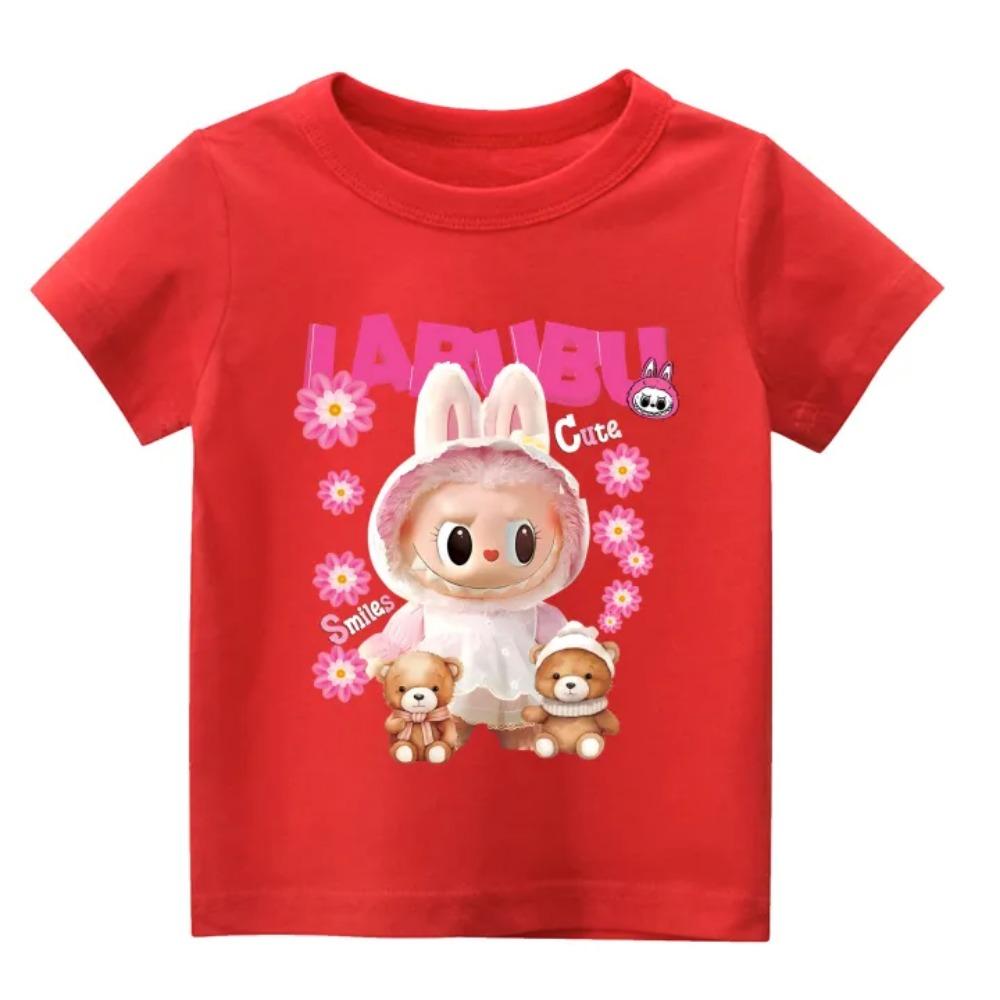 2025 New Children's T-shirt with Teddy Bear and LABUBU Printed Round Neck Short Sleeved Casual Girls' Top