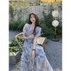 Vintage Square Collar Floral Dress Women's Summer Mori Waist Slimming Long Skirt with Wood-ear Edge