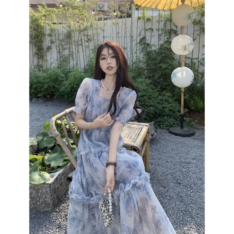 Vintage Square Collar Floral Dress Women's Summer Mori Waist Slimming Long Skirt with Wood-ear Edge