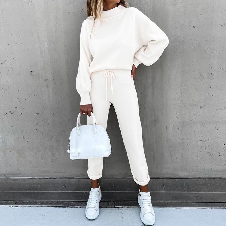 

Свитер с длинными рукавами и высоким воротом, брюки с карманами — женский повседневный комплект из двух предметов на осень/зиму XL грязно-белый