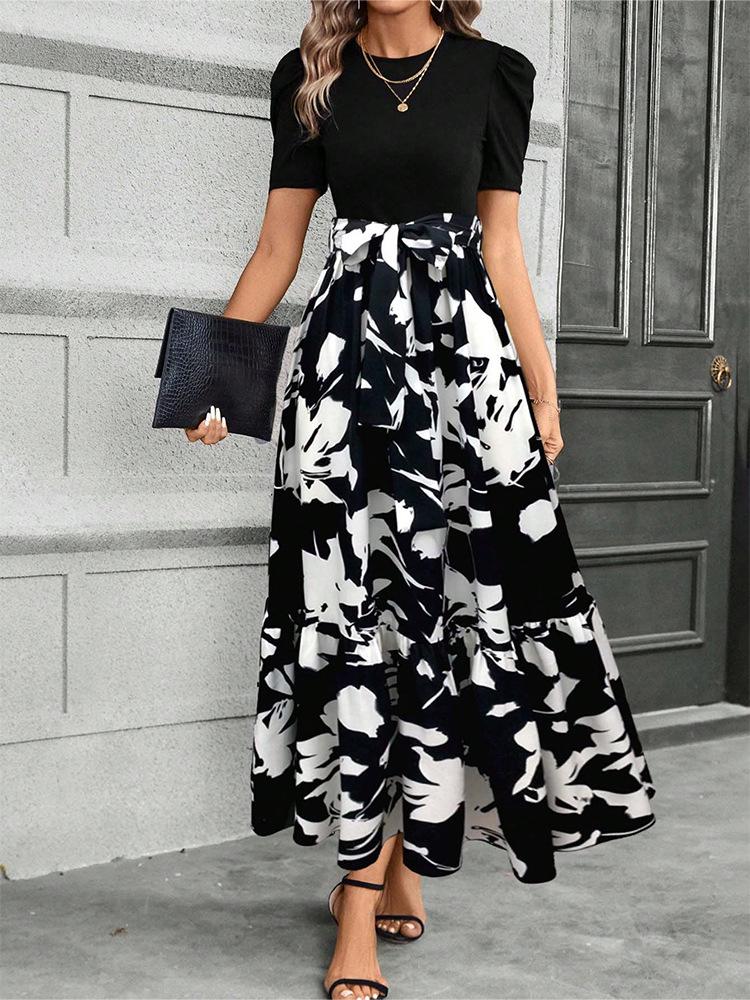Women's Floral Print High Waist Elegant Dress - European & American Fashion