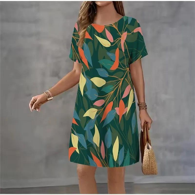 Fashion Women's Crew Neck Dress 3D Casual Color Printing Casual Short Sleeve Crew Neck Dress