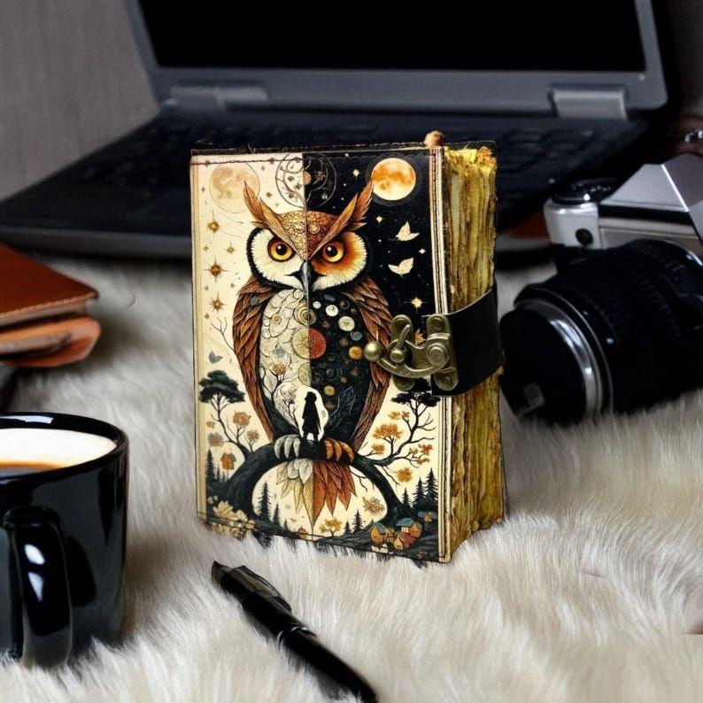 Handmade Leather Owl Journal with Lock – Vintage Refillable Diary, Gift for Writers