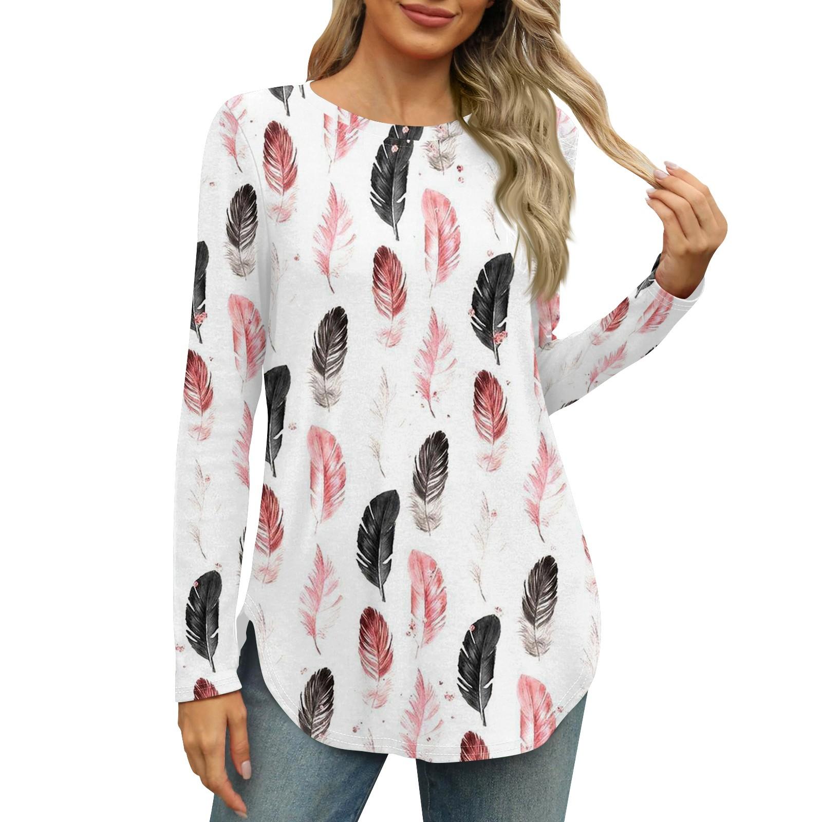 

Women s Fashion Long Sleeve Autumn Round Neck Side Slit Solid Color Casual Top XL рожевий