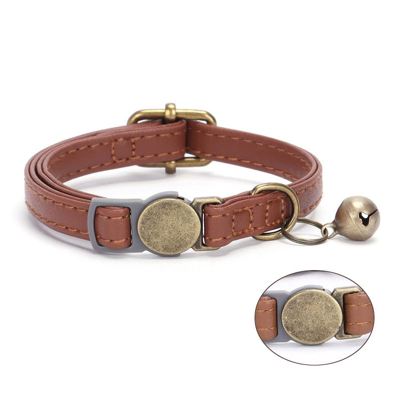 Vintage Cat Collar Breakaway Personalized Adjustable Leather Pet Collar with Bells and Quick Release Buckle