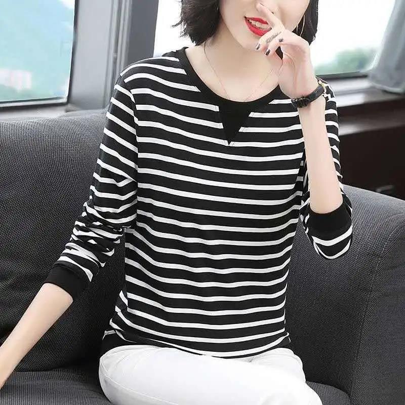 Damen Herbst Winter Langarm Übergröße Gestreifte Pullover Weiblich Frühling Locker Baumwolle Rundhals Lässige Oberteile
