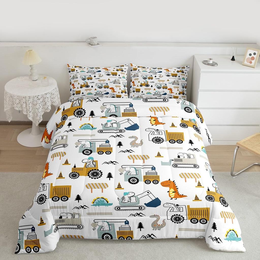 Feelyou Cartoon Car Kids Comforter Set Construction Bedding Set for Boys Toddler Decor Equipment Trucks Comforter Cartoon Car Excavator Trac