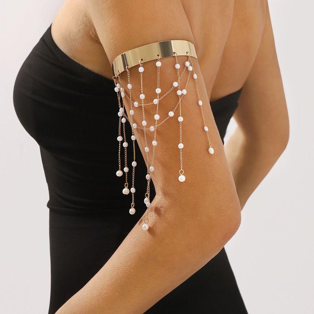 Pearl Tassel Arm Chain Adjustable Open Cuff Bracelet Armlet Armband Upper Arm Bangles  Party