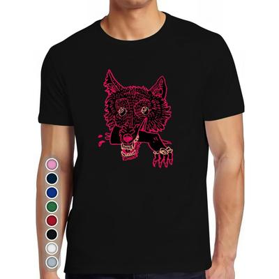 Taglie Europee T-shirt da Uomo Rosa Neon con Grafica di Lupo - Maglietta a Maniche Corte con Stampa Animale Canina Feroce