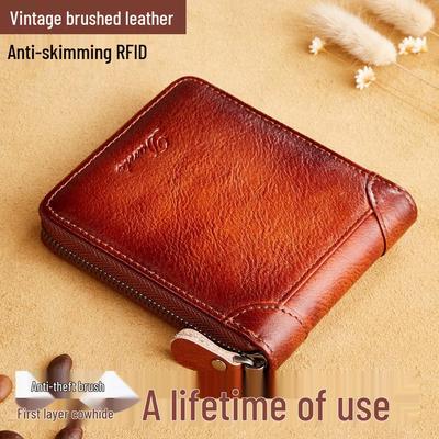 Men's Short Zipper Wallet: Genuine Leather, Large Capacity, Anti-Theft, with Card Clip.