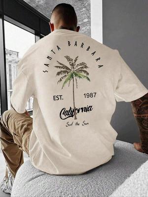 Unisex Summer T-shirt with Letter and Tree Print, Drop-shoulder Design.