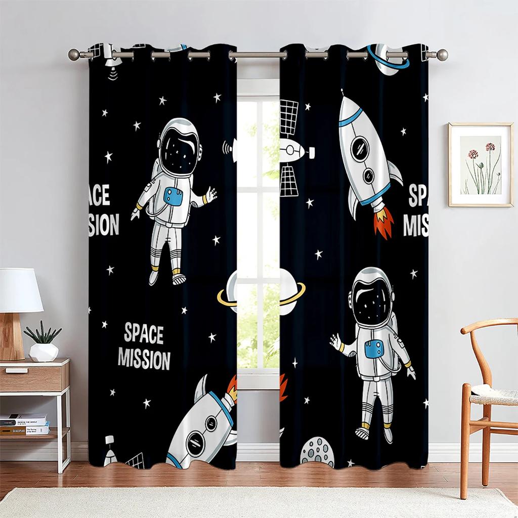 Cartoon Space Curtains for Boys Girls Bedroom Playroom Living Room ,Children Astronaut Planet Starry Art Printed Window Curtains