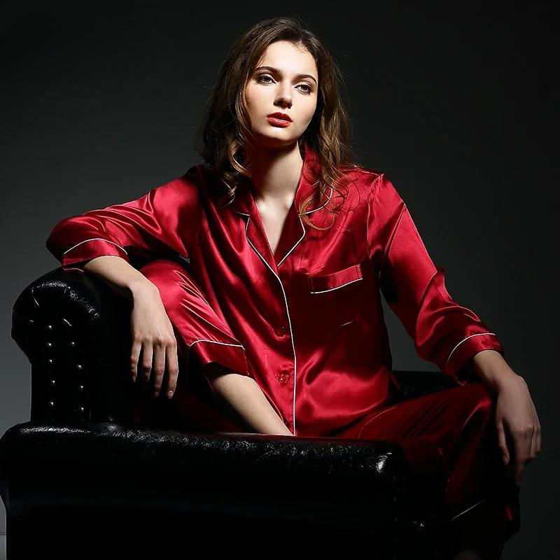 Mulberry Silk Pajamas Women Set Summer Autumn Spring Winter Long-sleeved Two-piece Set Silk Sleepwear Gray