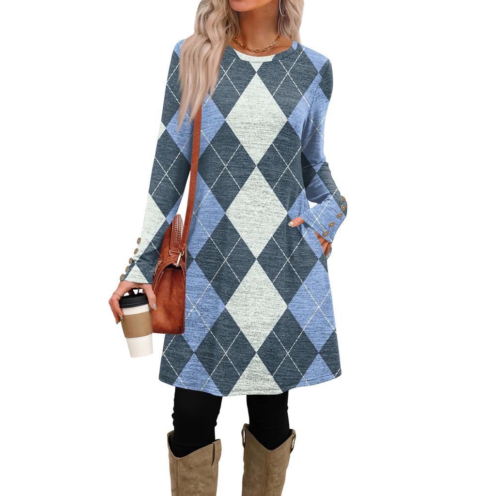 Damenmode Freizeitkleid mit Taschen, dekorativen Knöpfen, Rundhalsausschnitt und langen Ärmeln