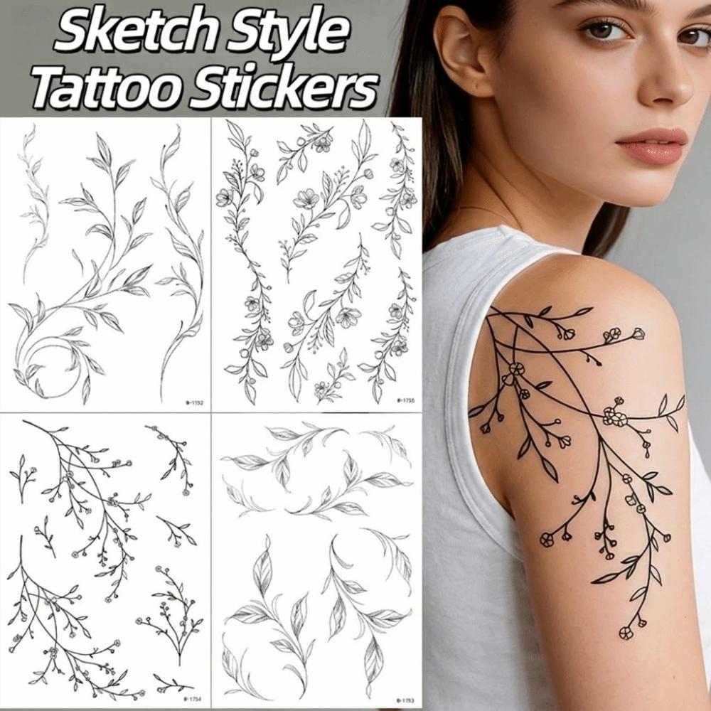 Long Lasting Black Flower Tattoo Stickers Waterproof Sketch Style Stickers Neck Shoulder Arm