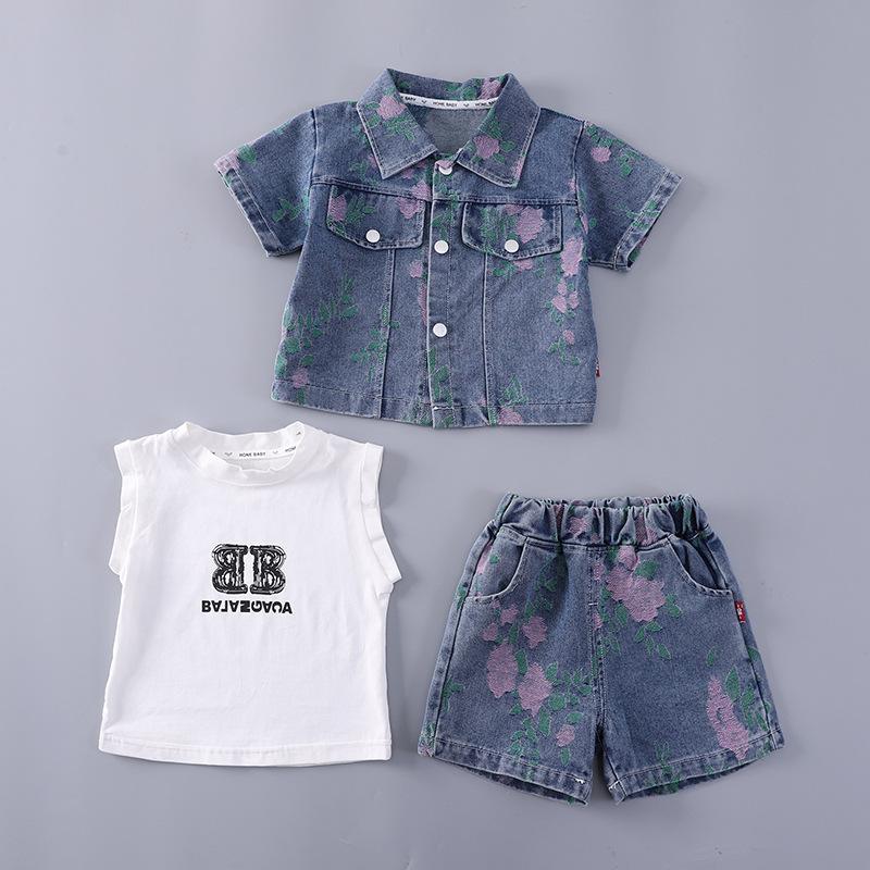 Girls Summer Floral Jacquard Denim 3 Piece Set Cute Short Sleeve Top And Shorts Outfit