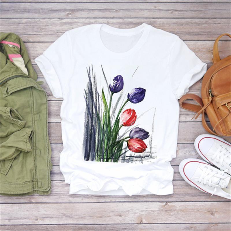 Casual Flower Graphics Women's T-Shirt 90S Summer Blouse Short Sleeves Tees Loose White O-Neck Shirts Female Tops Kpop Clothing