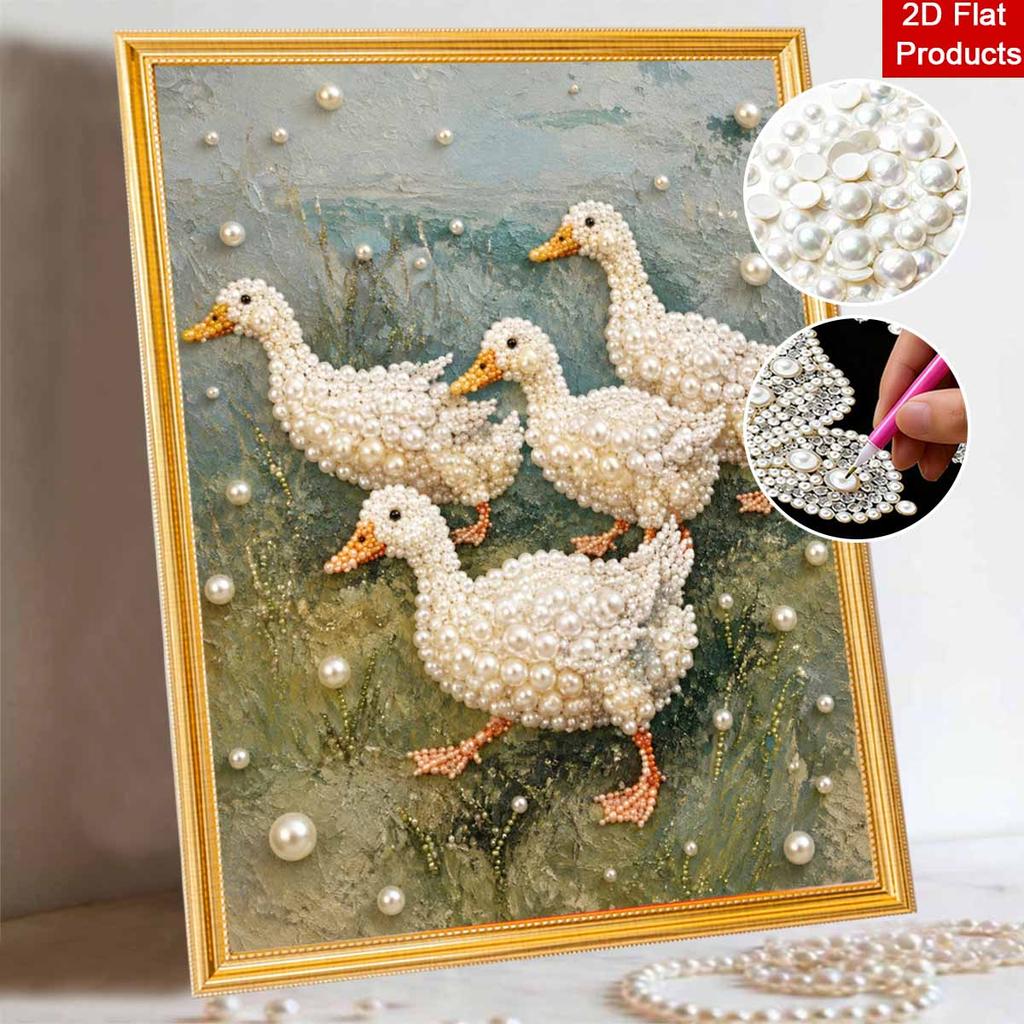 Elegant Framed Pearl Art DIY Set with Cute White Ducks 5D Sparkling Bead Canvas Painting Ready to Display Romantic Home Decor Gift