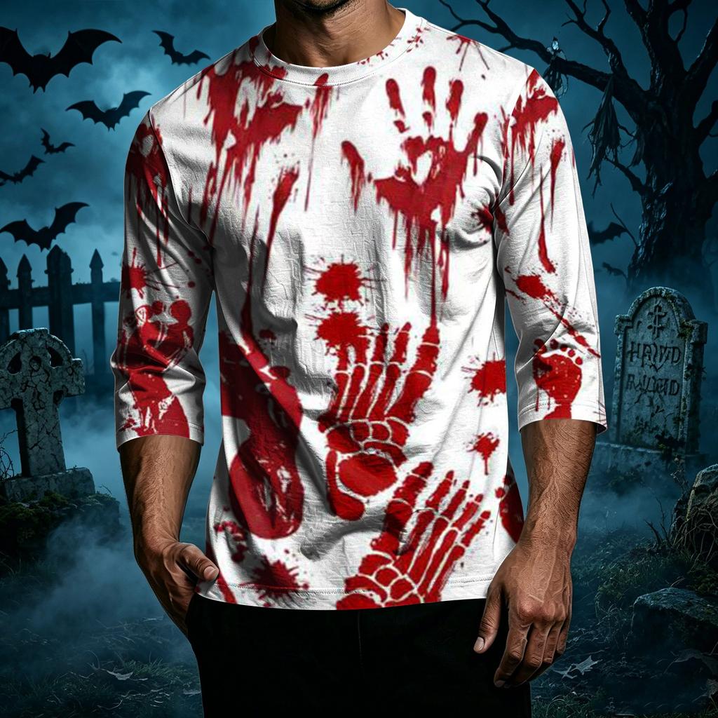 Men's Casual Halloween Graphic T-Shirt Three Quarter Sleeve Crew Neck Top Lightweight Comfortable Fit