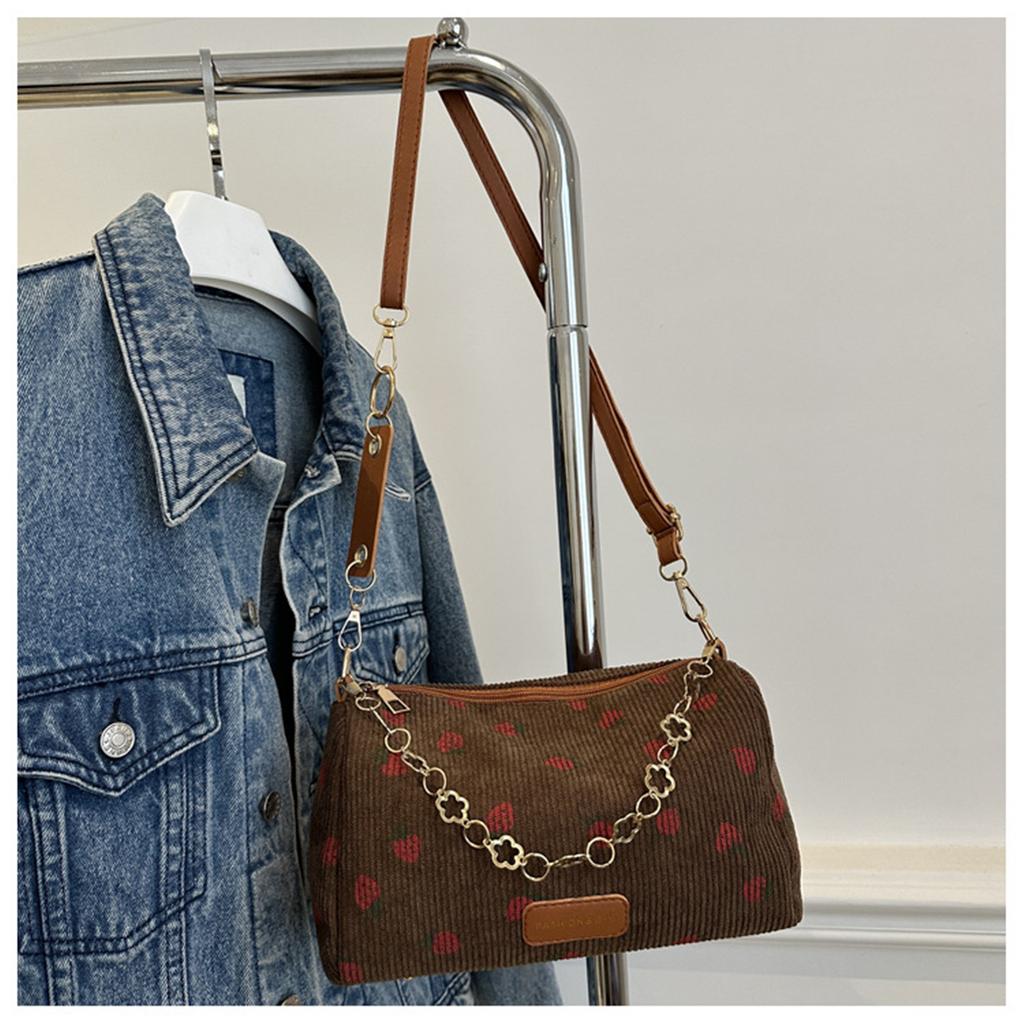 Strawberry Printed Mini Crossbody Bag for Women Fashion Corduroy Underarm Bag Student Travel Handbag