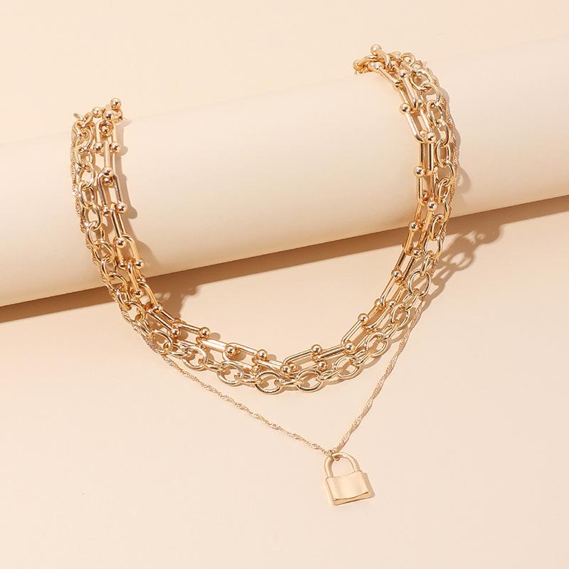 European and American New Gold Lock Stacked Multi-layer Necklace, Fashionable Personalized Chocker Collarbone Chain Necklace