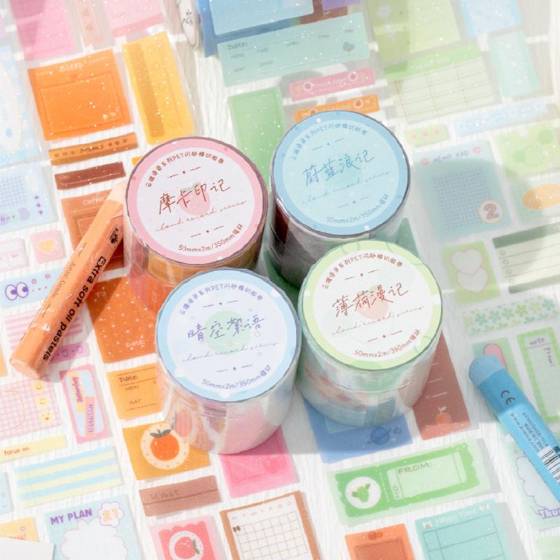 1 Roll PET Glitter Sand Die-Cut Tape Stickers, Note-Style Design for Journal Decoration & DIY
