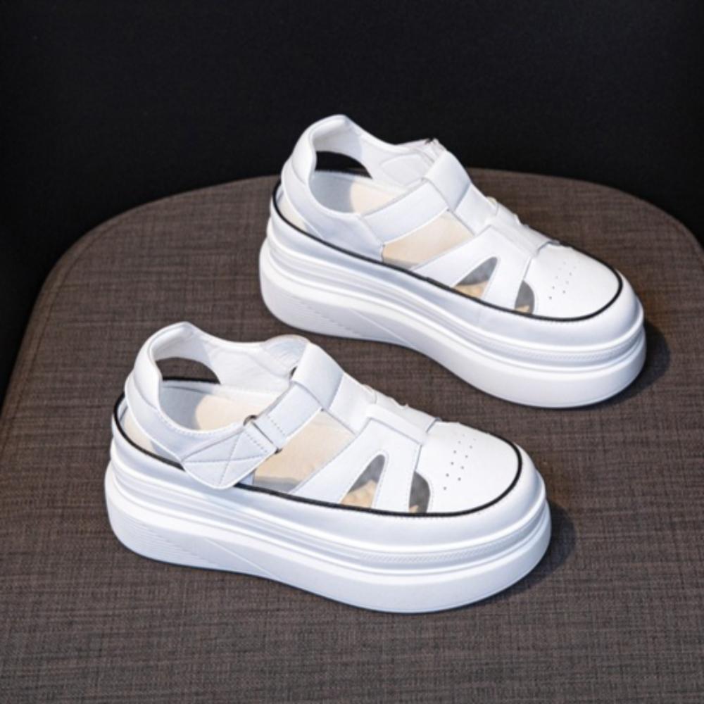 Leder Römische Sandalen Damen Plateau-Sandalen Neue Dicksohlige Hohl Damen Schuhe Innenhöhe Erhöhende Sandalen Weiße Schuhe