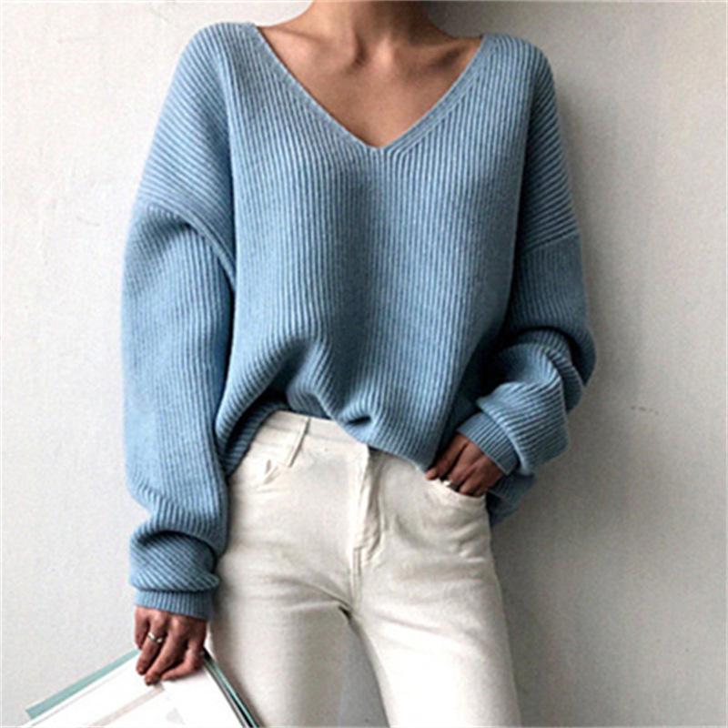 Women's Solid Color V-neck Knit Pullover Sweater - 2026 Autumn/Winter Loose Fit, Lazy Style