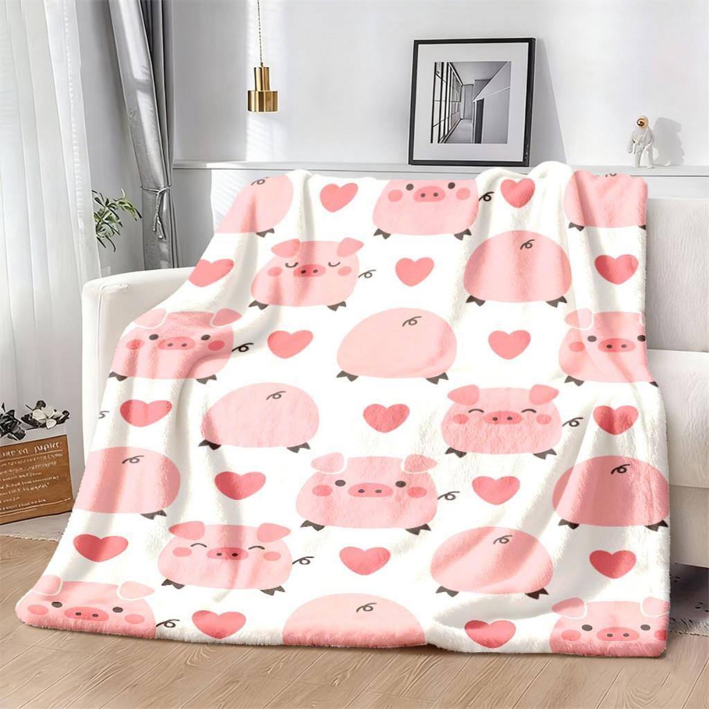 2D Flat Luxury All-Season Flannel Blanket, Cute Pink Pig And Heart Print, Comfortable And Soft with Strong Decor, Suitable for Sofa, Office Nap, Campi