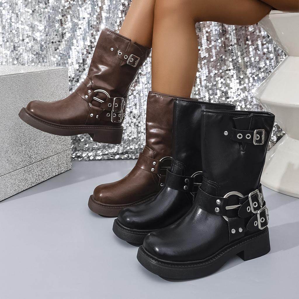 Winter Round Toe Thick Sole Non-Slip Casual Mid-Tube Boots Fashionable New Buckle Elegant Large Size Riding Boots For Women