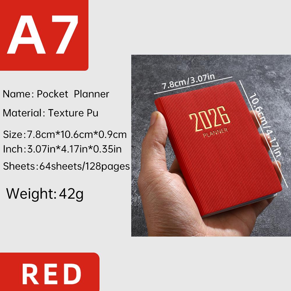 A7 specification 2026 English planner book, mini portable pocket daily schedule book, 64 sheets 128 page thin weekly calendar