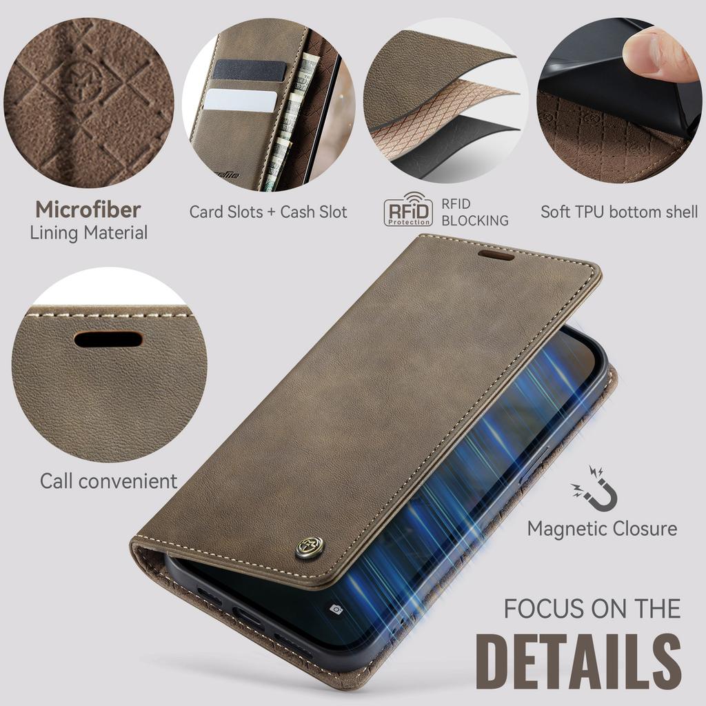 För iPhone 14 Plus Fodral CASEME 033-serien RFID-blockerande Plånbok Stöd Kalvskinnstextur Läder Telefonfodral