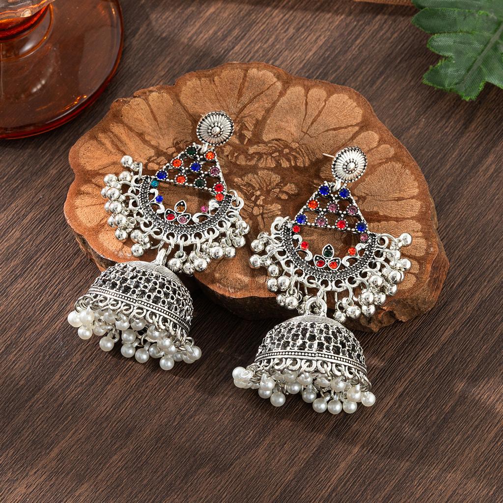 European and American Vintage Water Drop-shaped Diamond-embellished Bell Earrings Ethnic Style Bell-shaped Pearl Tassel Long Earrings for Women