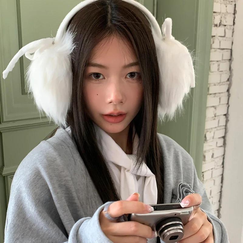 Cute Earmuffs Winter New Japanese Butterfly Bow White Long Hair Velvet Ear Pack Headwear for Girls Riding EarWarmth Headphones