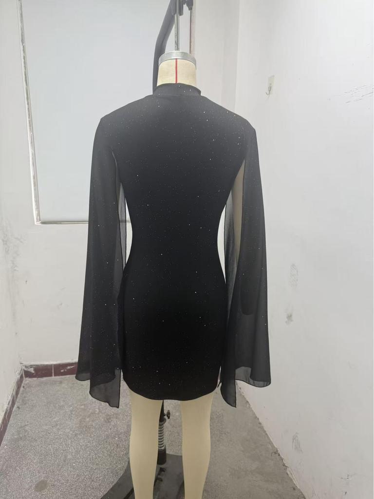 European & American Women's Shiny Halter Dress: Sexy Bodycon with Low Neck and Lantern Sleeves for Parties