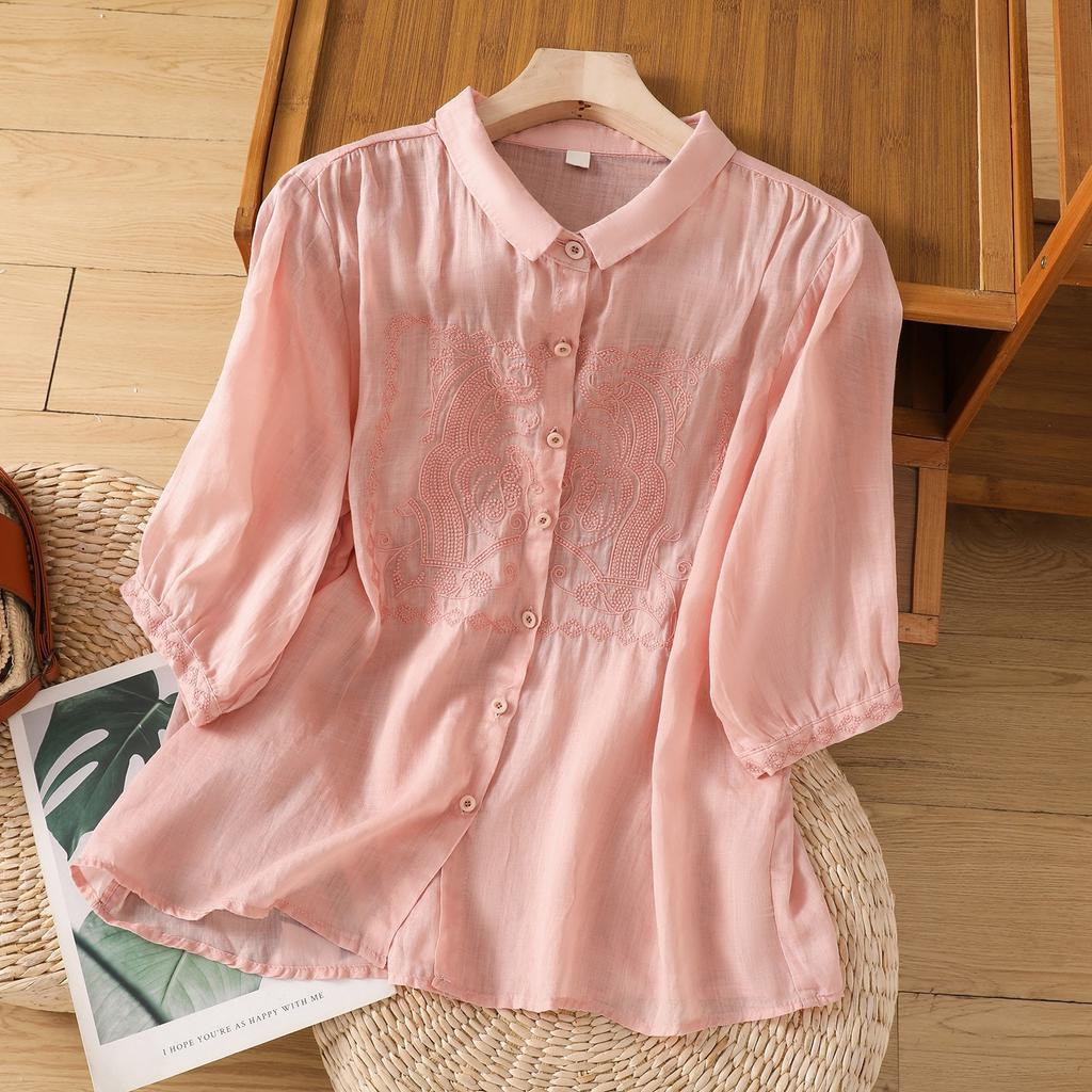 Lockeres und leichtes atmungsaktives Baumwoll- und Leinenhemd für Damen Sommer neu Polokragen Siebenviertelärmel besticktes Temperament-Oberteil