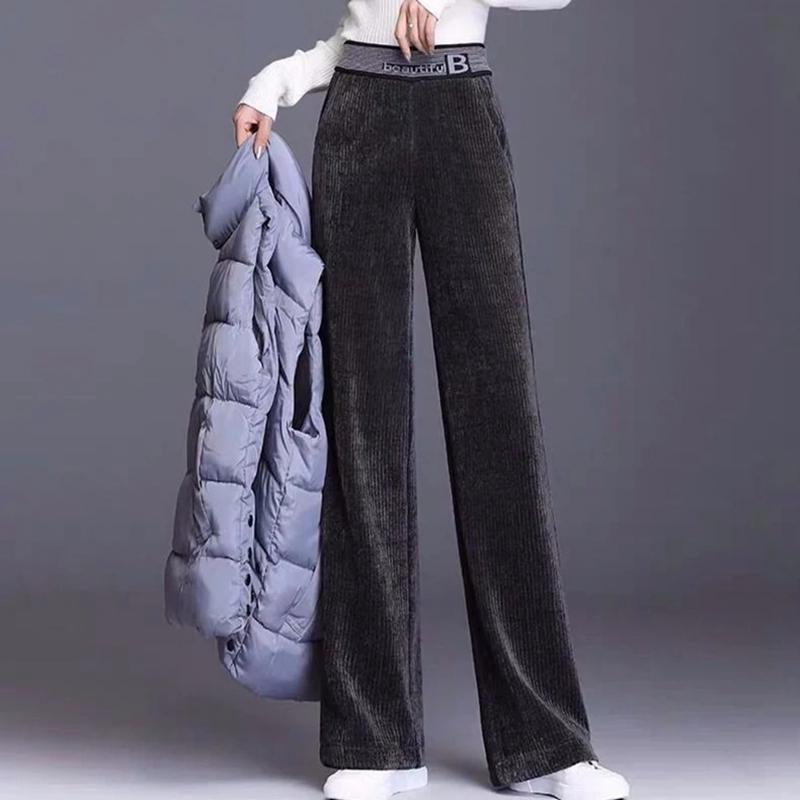 Fleecing Plush Thick Warm Letter Stripes High Waist Corduroy Straight OL Wide Leg Long Pant Women Winter Casual Trouser Clothing